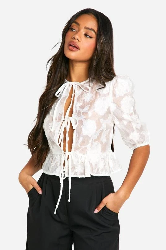 BOOHOO Burnout Puff Sleeve Tie Front Blouse 4 BOOHOO Burnout Puff Sleeve Tie Front Blouse - Image 4