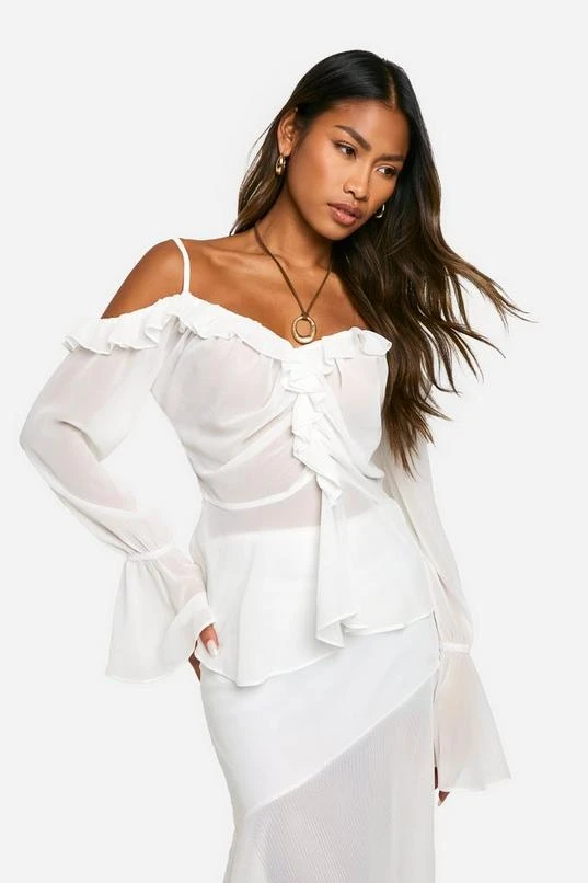 BOOHOO Chiffon Cold Shoulder Ruffle Blouse 1 BOOHOO Chiffon Cold Shoulder Ruffle Blouse