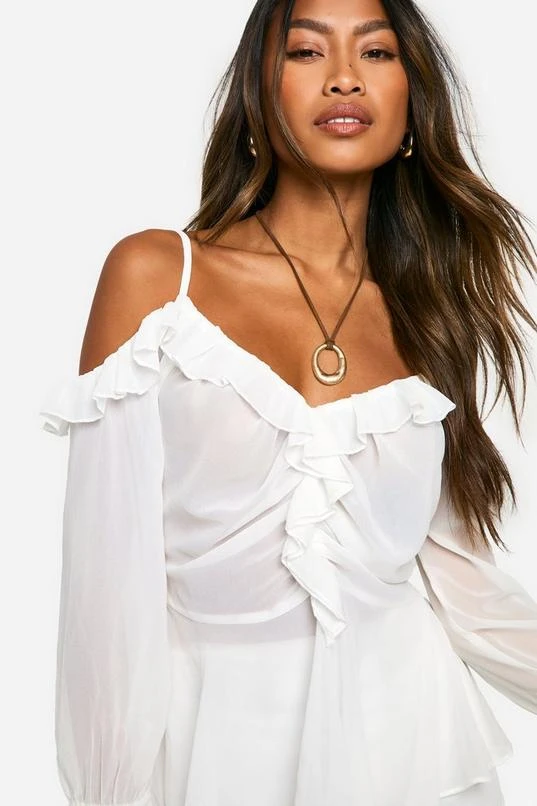 BOOHOO Chiffon Cold Shoulder Ruffle Blouse 4 BOOHOO Chiffon Cold Shoulder Ruffle Blouse - Image 4