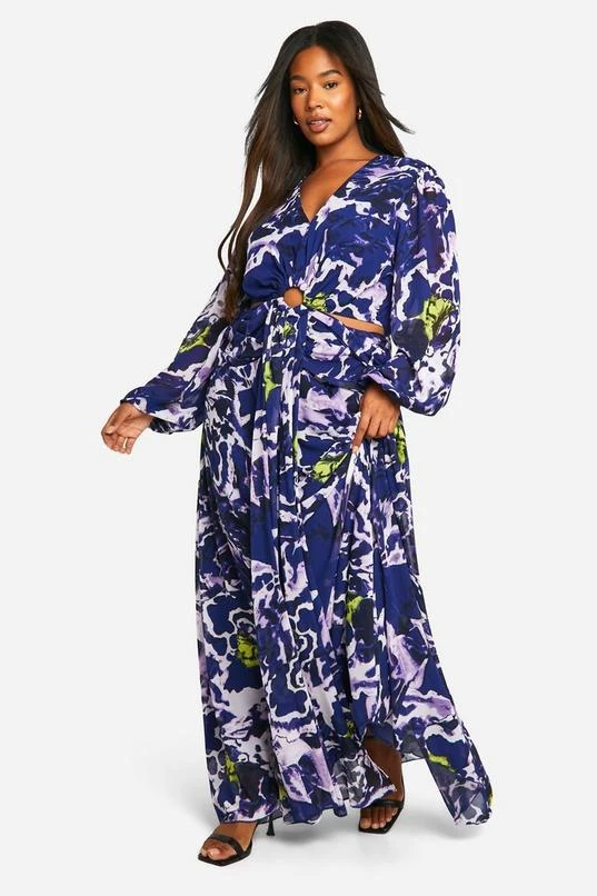 BOOHOO Plus Floral Print Chiffon Cut Out Maxi Dress 1 BOOHOO Plus Floral Print Chiffon Cut Out Maxi Dress