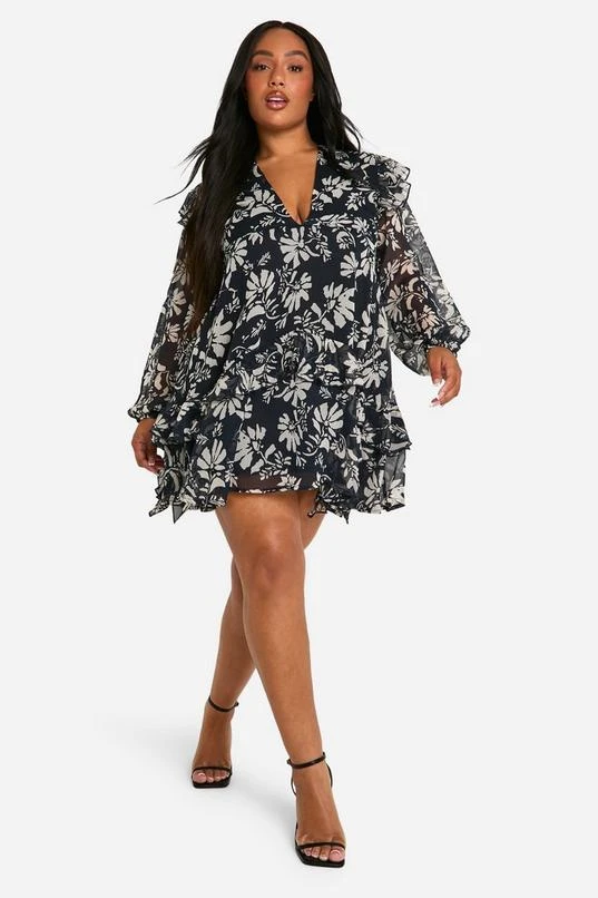 BOOHOO Plus Printed Crinkle Chiffon Ruffle Smock Dress 3 BOOHOO Plus Printed Crinkle Chiffon Ruffle Smock Dress - Image 3