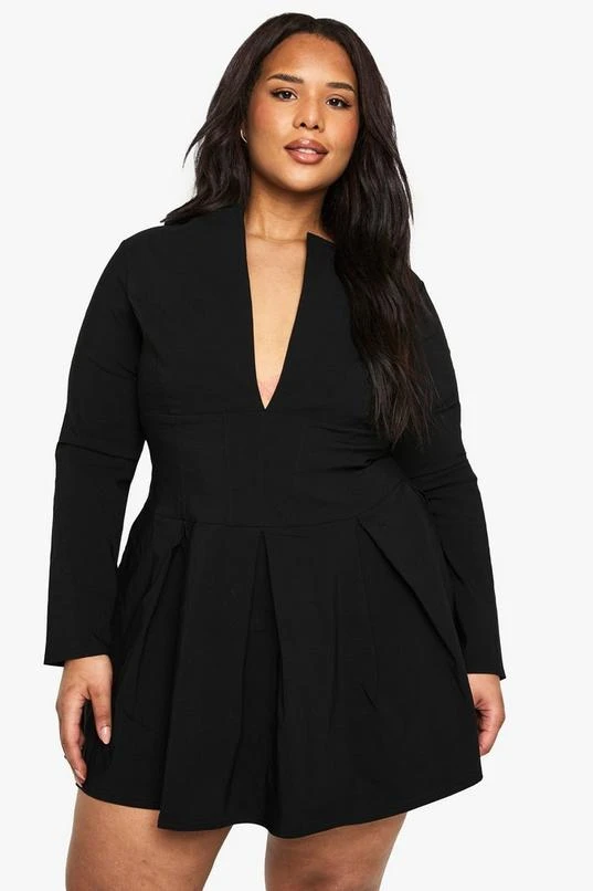 BOOHOO Plus Long Sleeve Corset Detail Plunge Pleated Hem Dress 1 BOOHOO Plus Long Sleeve Corset Detail Plunge Pleated Hem Dress