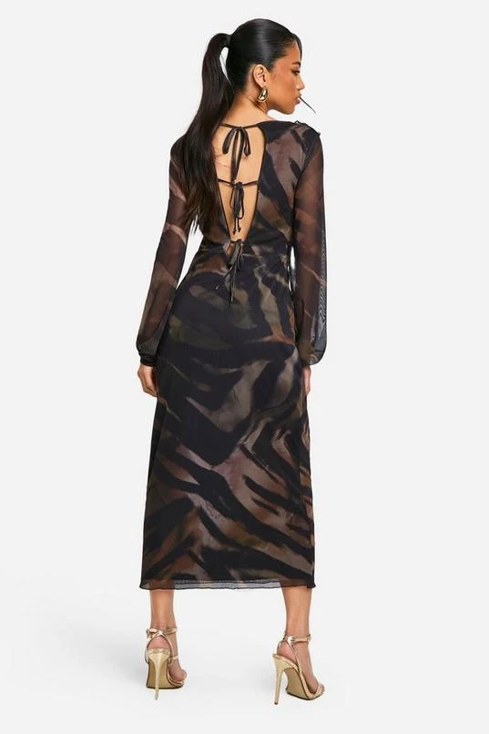 BOOHOO Animal Mesh Ruffle Midi Dress 2 BOOHOO Animal Mesh Ruffle Midi Dress - Image 2