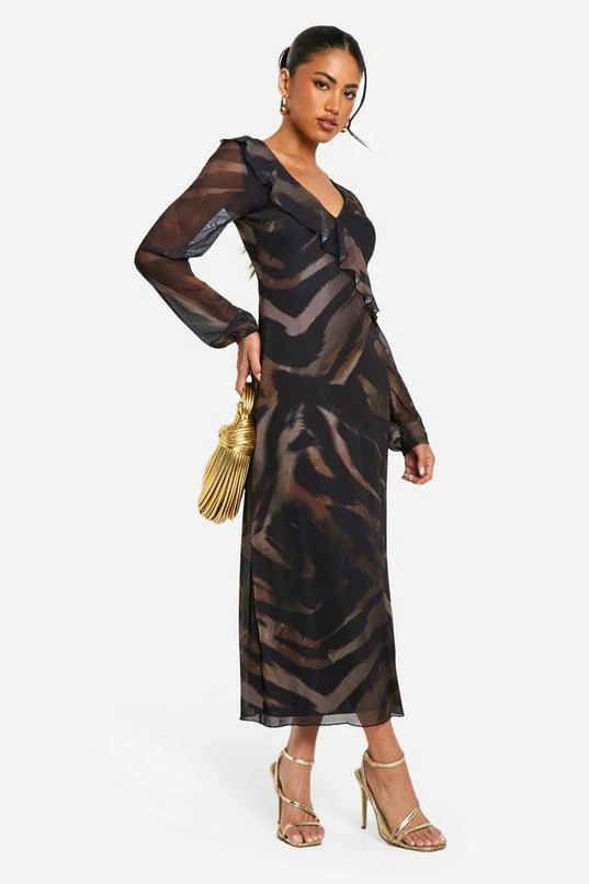 BOOHOO Animal Mesh Ruffle Midi Dress 3 BOOHOO Animal Mesh Ruffle Midi Dress - Image 3