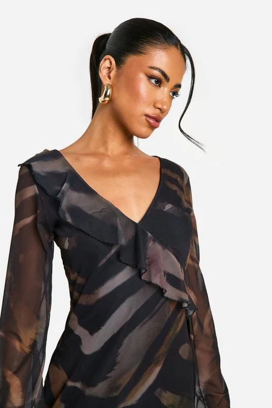 BOOHOO Animal Mesh Ruffle Midi Dress 4 BOOHOO Animal Mesh Ruffle Midi Dress - Image 4