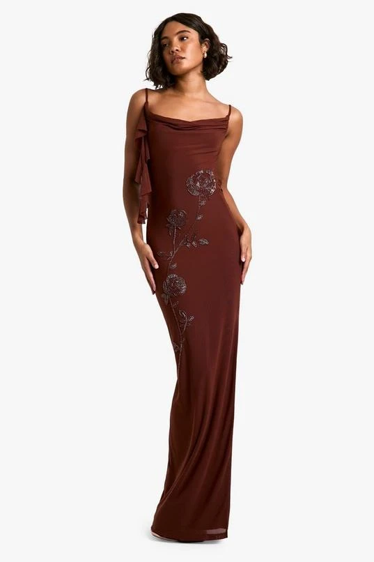 BOOHOO Tall Floral Hand Embellished Cowl Maxi Dress 3 BOOHOO Tall Floral Hand Embellished Cowl Maxi Dress - Image 3