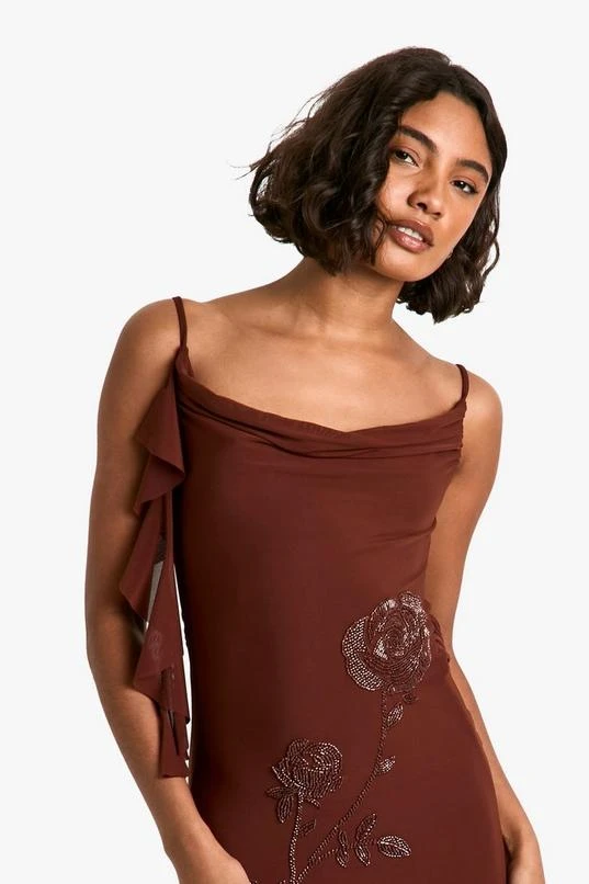 BOOHOO Tall Floral Hand Embellished Cowl Maxi Dress 4 BOOHOO Tall Floral Hand Embellished Cowl Maxi Dress - Image 4