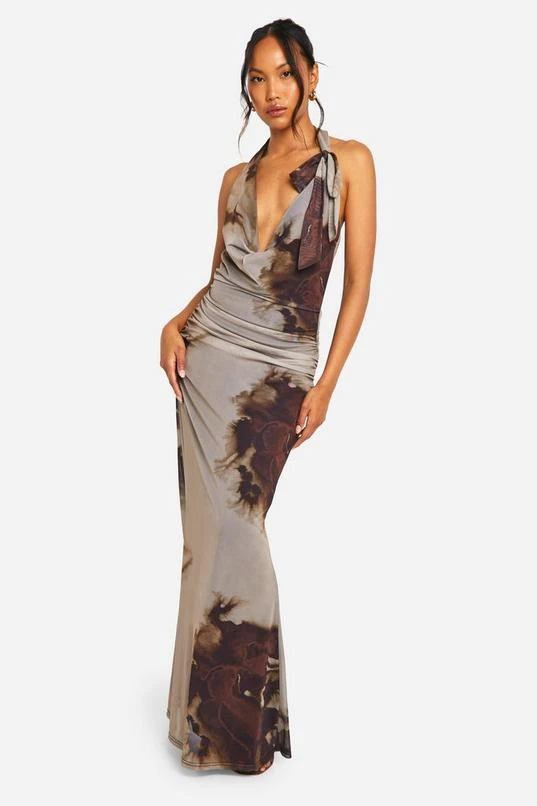 BOOHOO Cowl Neck Printed Mesh Tie Neck Maxi Dress 1 BOOHOO Cowl Neck Printed Mesh Tie Neck Maxi Dress