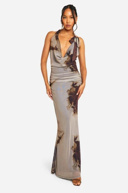 BOOHOO Cowl Neck Printed Mesh Tie Neck Maxi Dress 3 BOOHOO Cowl Neck Printed Mesh Tie Neck Maxi Dress - Image 3