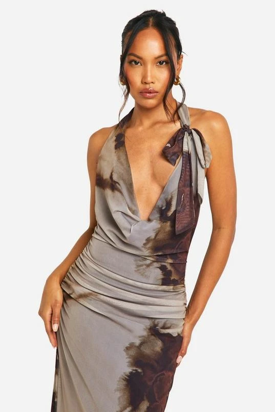 BOOHOO Cowl Neck Printed Mesh Tie Neck Maxi Dress 4 BOOHOO Cowl Neck Printed Mesh Tie Neck Maxi Dress - Image 4