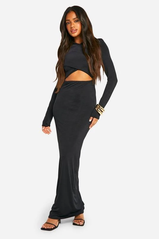 BOOHOO Shoulder Pad Cross Over Cut Out Slinky Maxi Dress 1 BOOHOO Shoulder Pad Cross Over Cut Out Slinky Maxi Dress