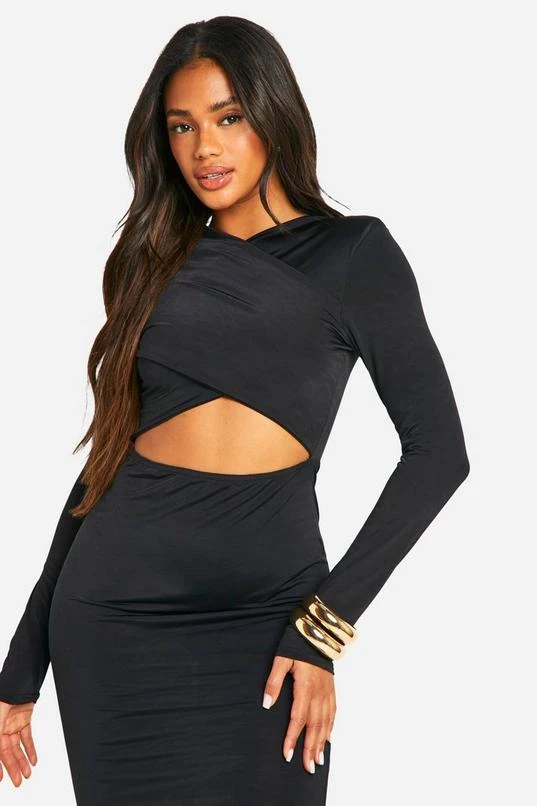 BOOHOO Shoulder Pad Cross Over Cut Out Slinky Maxi Dress 4 BOOHOO Shoulder Pad Cross Over Cut Out Slinky Maxi Dress - Image 4