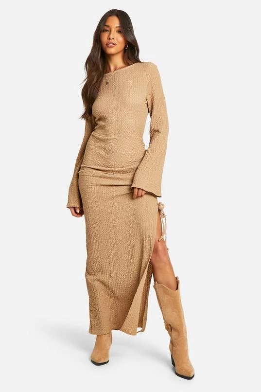 BOOHOO Textured Ruched Flare Sleeve Maxi Dress 1 BOOHOO Textured Ruched Flare Sleeve Maxi Dress