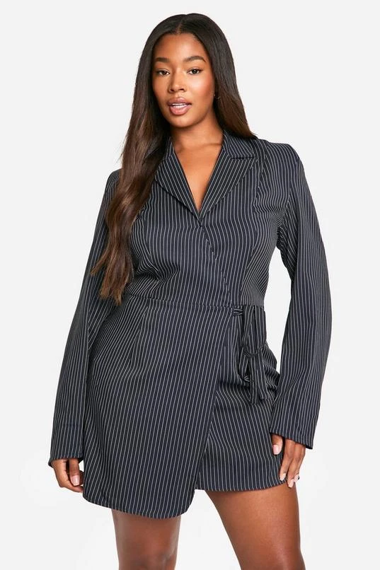 BOOHOO Plus Woven Stripe Tailored Wrap Dress 1 BOOHOO Plus Woven Stripe Tailored Wrap Dress