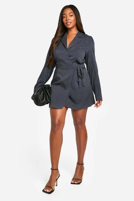 BOOHOO Plus Woven Stripe Tailored Wrap Dress 3 BOOHOO Plus Woven Stripe Tailored Wrap Dress - Image 3