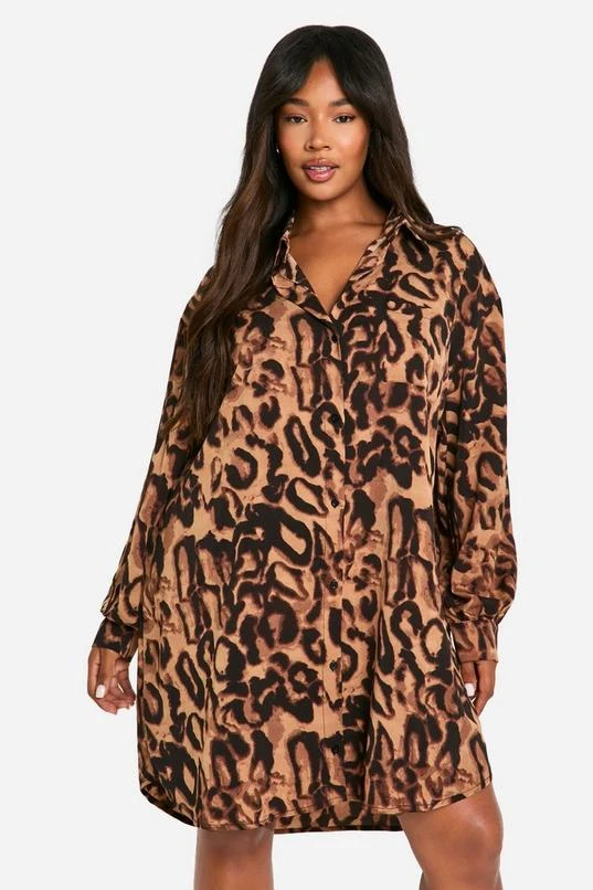 BOOHOO Plus Printed Leopard Oversized Shirt Dress 1 BOOHOO Plus Printed Leopard Oversized Shirt Dress
