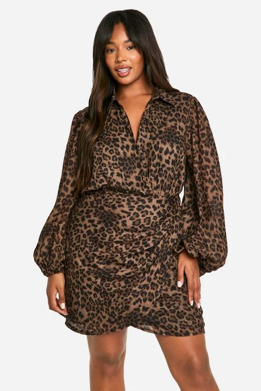 BOOHOO Plus Leopard Print Blouson Sleeve Wrap Dress 1 BOOHOO Plus Leopard Print Blouson Sleeve Wrap Dress