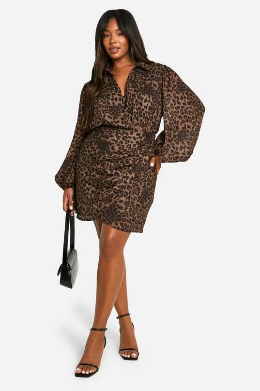 BOOHOO Plus Leopard Print Blouson Sleeve Wrap Dress 3 BOOHOO Plus Leopard Print Blouson Sleeve Wrap Dress - Image 3