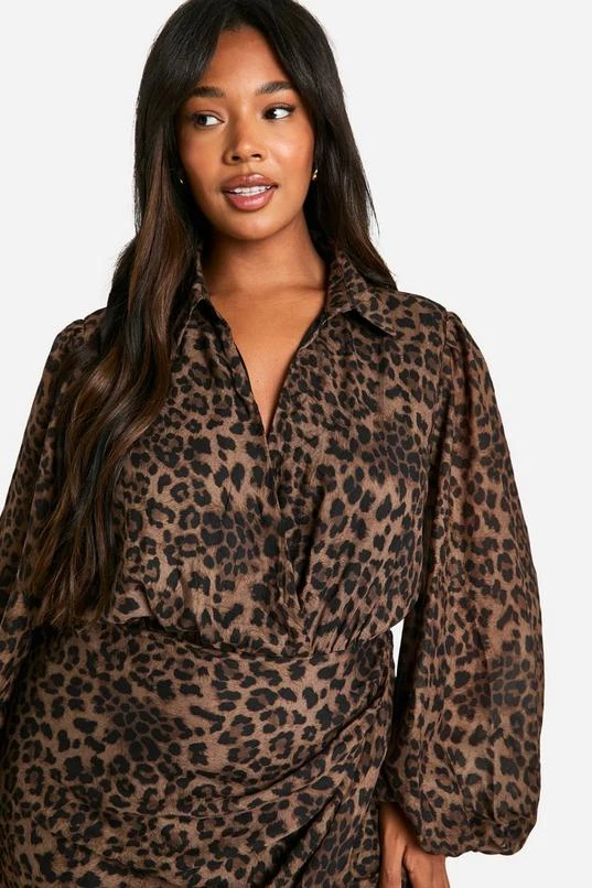 BOOHOO Plus Leopard Print Blouson Sleeve Wrap Dress 4 BOOHOO Plus Leopard Print Blouson Sleeve Wrap Dress - Image 4