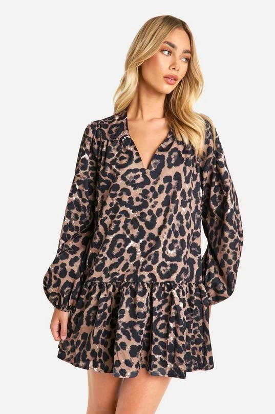 BOOHOO Leopard Drop Hem Smock Dress 1 BOOHOO Leopard Drop Hem Smock Dress