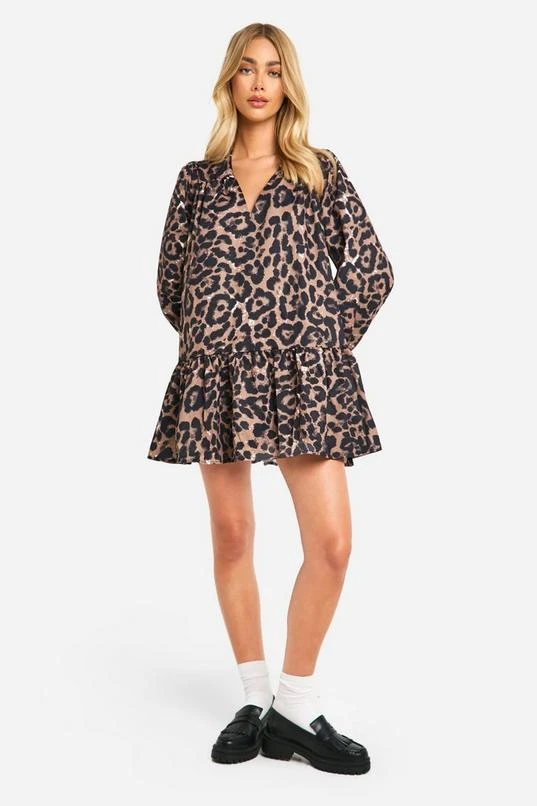 BOOHOO Leopard Drop Hem Smock Dress 3 BOOHOO Leopard Drop Hem Smock Dress - Image 3