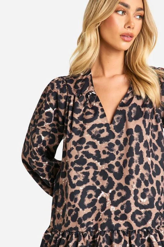 BOOHOO Leopard Drop Hem Smock Dress 4 BOOHOO Leopard Drop Hem Smock Dress - Image 4