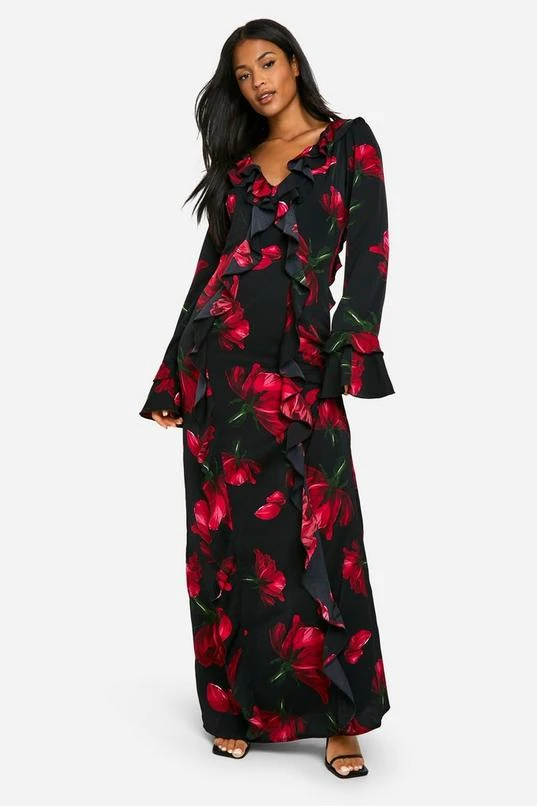 BOOHOO Tall Floral Ruffle Chiffon Maxi Dress 1 BOOHOO Tall Floral Ruffle Chiffon Maxi Dress