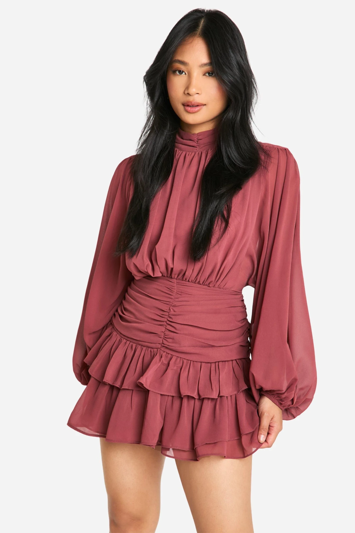 BOOHOO Petite Chiffon High Neck Ruched Skater Dress 5 BOOHOO Petite Chiffon High Neck Ruched Skater Dress - Image 5