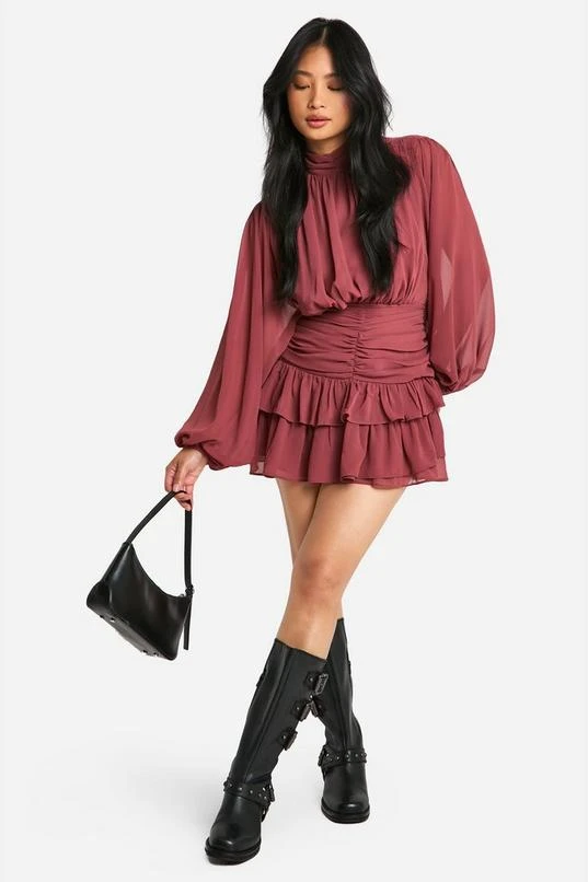 BOOHOO Petite Chiffon High Neck Ruched Skater Dress 3 BOOHOO Petite Chiffon High Neck Ruched Skater Dress - Image 3