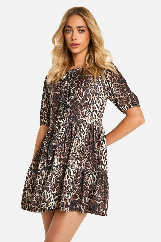 BOOHOO Leopard Rib Tie Front Smock Dress 1 BOOHOO Leopard Rib Tie Front Smock Dress