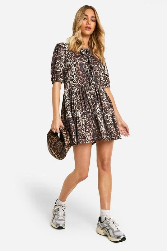 BOOHOO Leopard Rib Tie Front Smock Dress 3 BOOHOO Leopard Rib Tie Front Smock Dress - Image 3