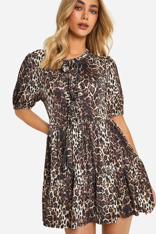 BOOHOO Leopard Rib Tie Front Smock Dress 4 BOOHOO Leopard Rib Tie Front Smock Dress - Image 4