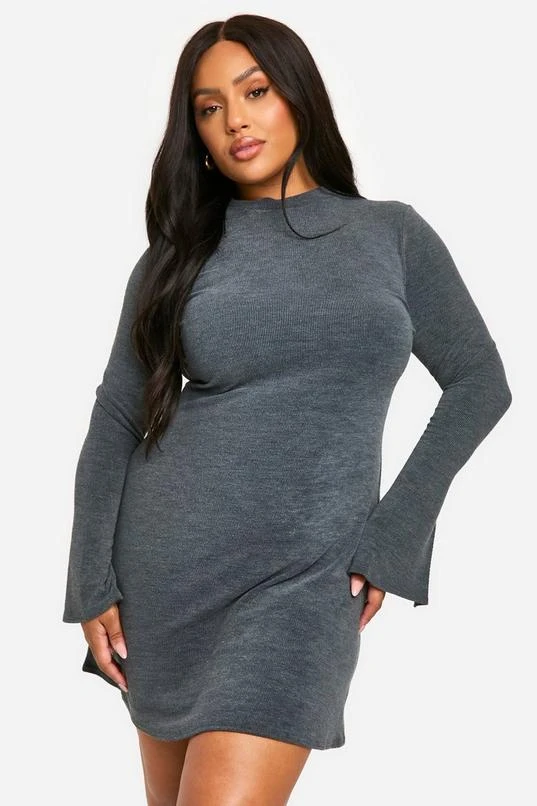 BOOHOO Plus Two Tone Rib Flared Sleeve Smock Dress 1 BOOHOO Plus Two Tone Rib Flared Sleeve Smock Dress