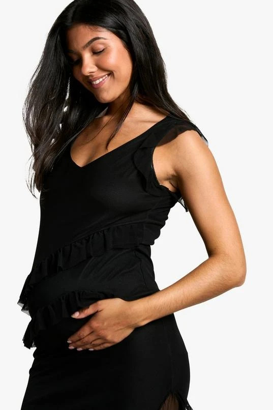 BOOHOO Maternity Mesh Ruffle Detail Side Split Midi Dress 4 BOOHOO Maternity Mesh Ruffle Detail Side Split Midi Dress - Image 4