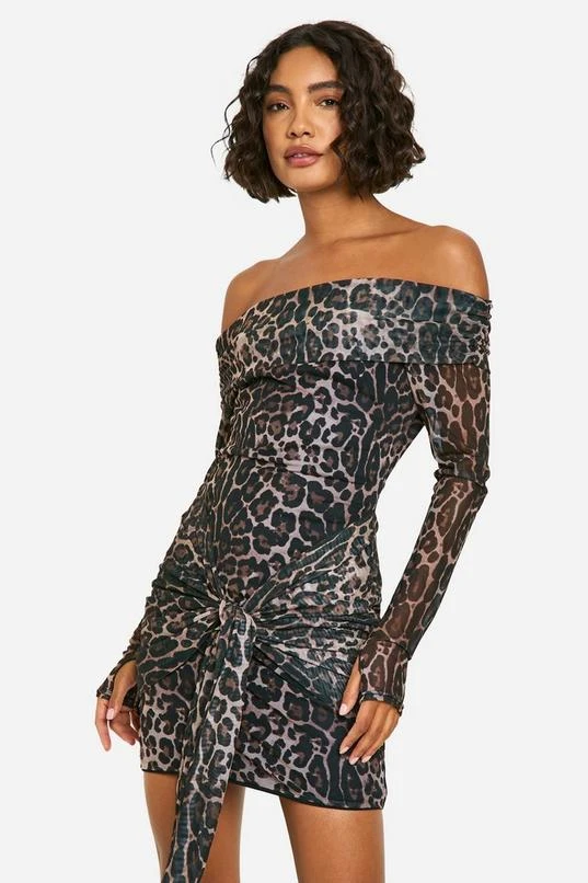 BOOHOO Tall Leopard Mesh Bardot Twist Front Mini Dress 1 BOOHOO Tall Leopard Mesh Bardot Twist Front Mini Dress