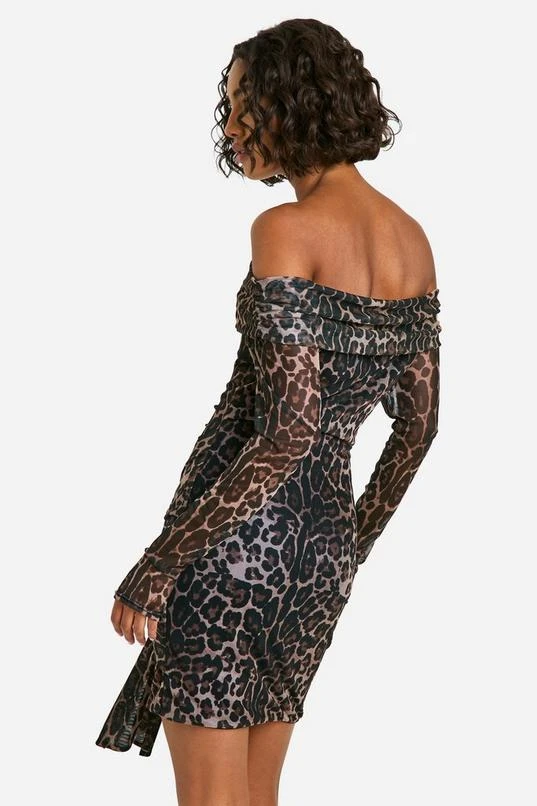 BOOHOO Tall Leopard Mesh Bardot Twist Front Mini Dress 2 BOOHOO Tall Leopard Mesh Bardot Twist Front Mini Dress - Image 2