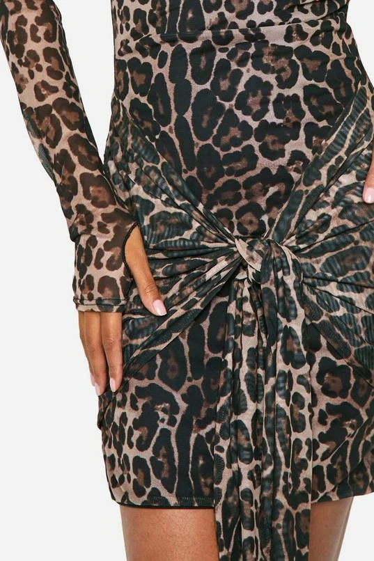 BOOHOO Tall Leopard Mesh Bardot Twist Front Mini Dress 4 BOOHOO Tall Leopard Mesh Bardot Twist Front Mini Dress - Image 4