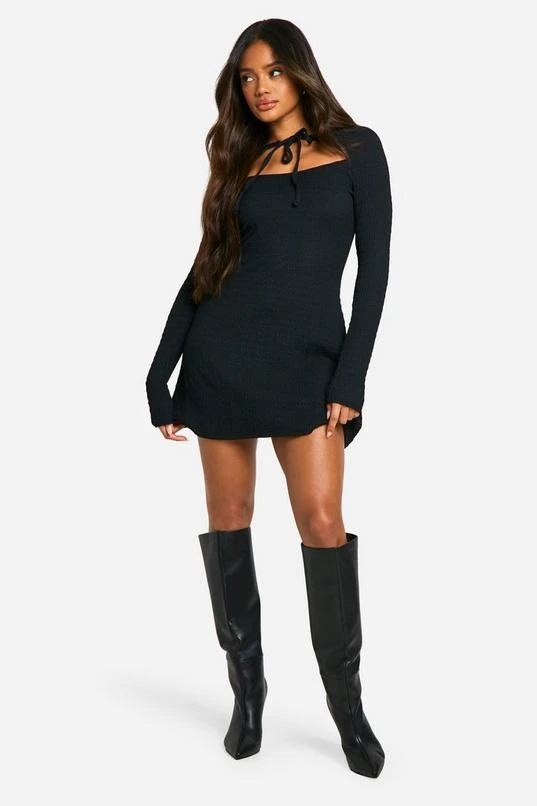 BOOHOO Textured Tie Front Skater Dress 3 BOOHOO Textured Tie Front Skater Dress - Image 3
