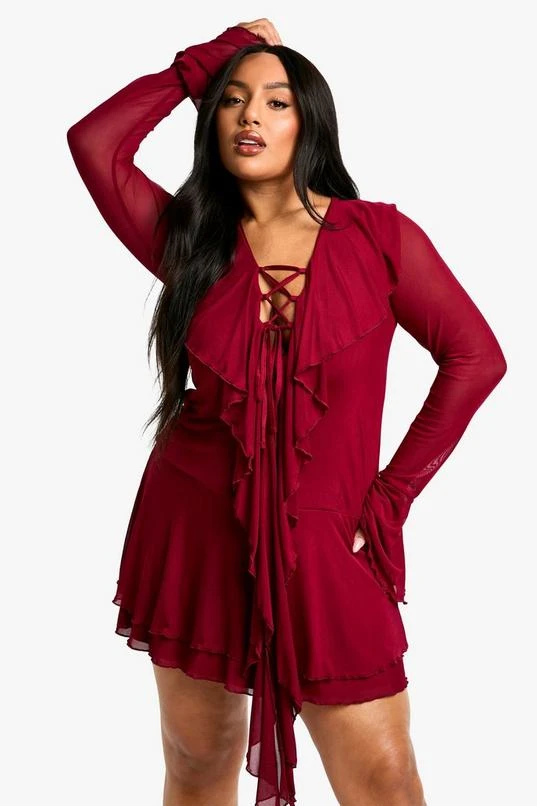 BOOHOO Plus Mesh Ruffle Lace Up Skater Dress 1 BOOHOO Plus Mesh Ruffle Lace Up Skater Dress