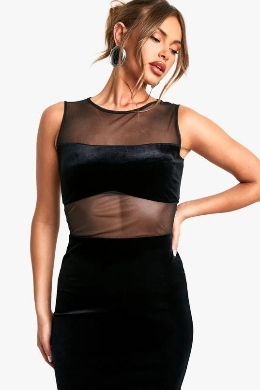 BOOHOO Velvet Sleeveless Mesh Detail Midaxi Dress 4 BOOHOO Velvet Sleeveless Mesh Detail Midaxi Dress - Image 4