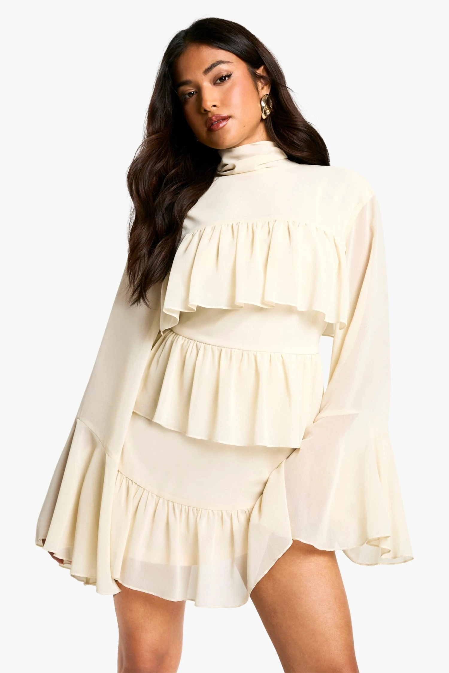 BOOHOO Petite Chiffon Ruffle High Neck Tie Back Shift Dress 5 BOOHOO Petite Chiffon Ruffle High Neck Tie Back Shift Dress - Image 5