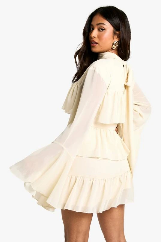 BOOHOO Petite Chiffon Ruffle High Neck Tie Back Shift Dress 2 BOOHOO Petite Chiffon Ruffle High Neck Tie Back Shift Dress - Image 2