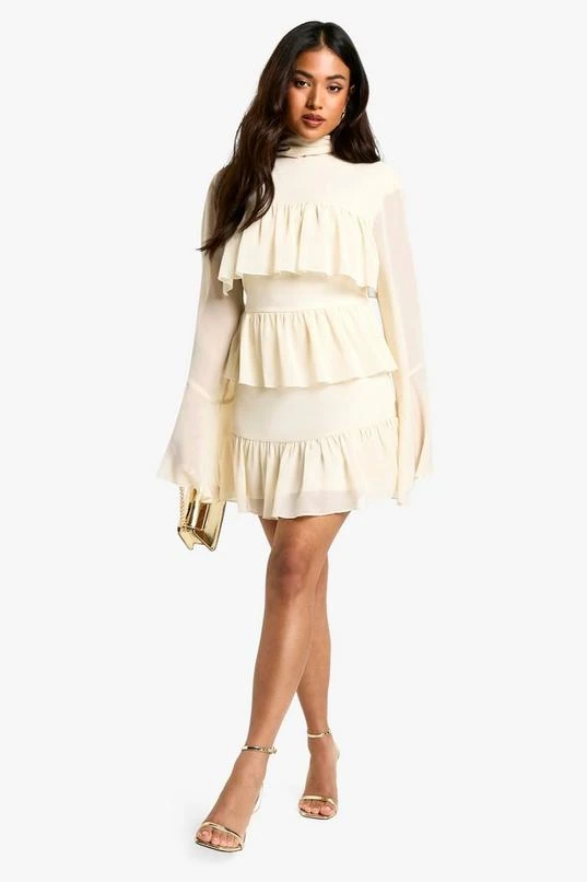 BOOHOO Petite Chiffon Ruffle High Neck Tie Back Shift Dress 3 BOOHOO Petite Chiffon Ruffle High Neck Tie Back Shift Dress - Image 3