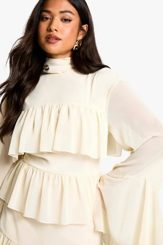 BOOHOO Petite Chiffon Ruffle High Neck Tie Back Shift Dress 4 BOOHOO Petite Chiffon Ruffle High Neck Tie Back Shift Dress - Image 4