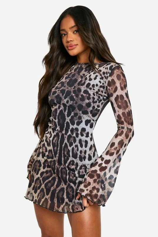 BOOHOO Leopard Mesh Flare Sleeve Mini Dress 1 BOOHOO Leopard Mesh Flare Sleeve Mini Dress