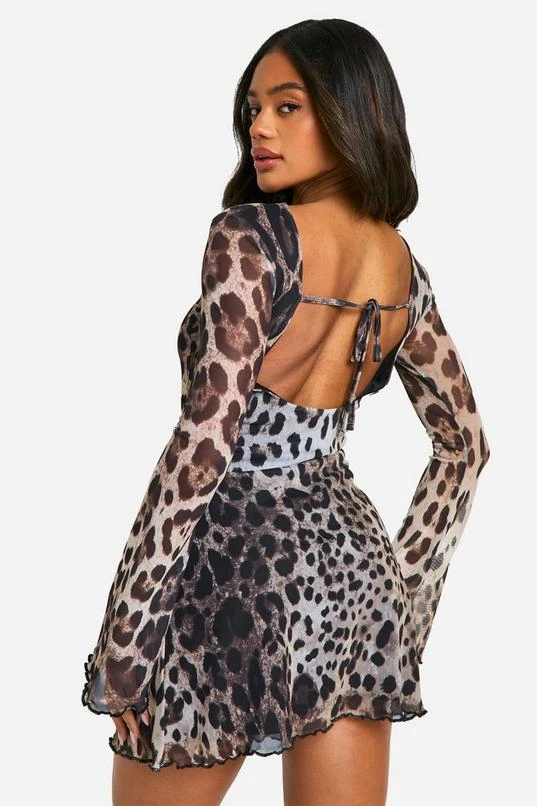 BOOHOO Leopard Mesh Flare Sleeve Mini Dress 2 BOOHOO Leopard Mesh Flare Sleeve Mini Dress - Image 2