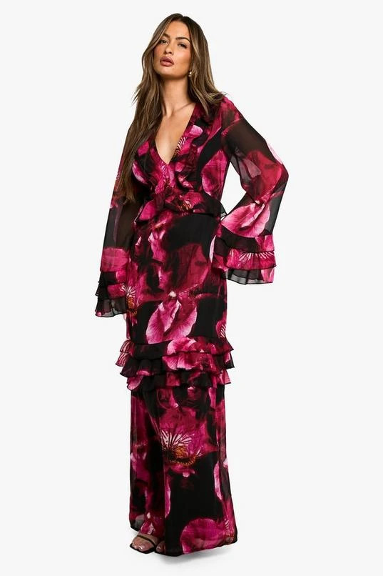 BOOHOO Dark Floral Flare Sleeve Maxi Dress 1 BOOHOO Dark Floral Flare Sleeve Maxi Dress