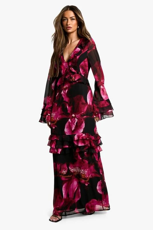 BOOHOO Dark Floral Flare Sleeve Maxi Dress 3 BOOHOO Dark Floral Flare Sleeve Maxi Dress - Image 3