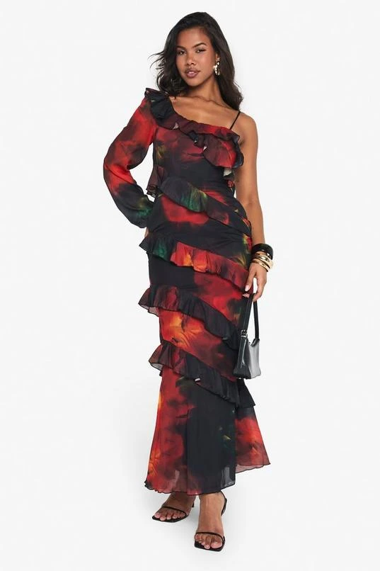 BOOHOO Dark Floral Ruffle Maxi Dress 1 BOOHOO Dark Floral Ruffle Maxi Dress