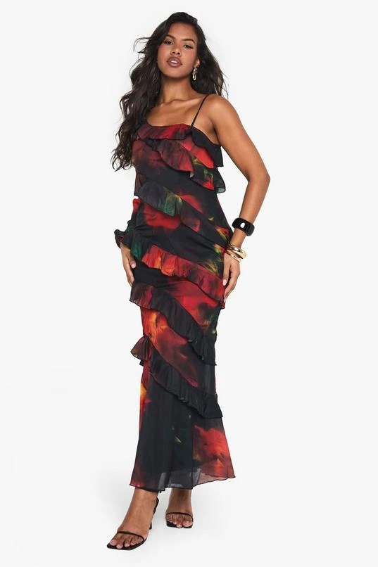 BOOHOO Dark Floral Ruffle Maxi Dress 3 BOOHOO Dark Floral Ruffle Maxi Dress - Image 3